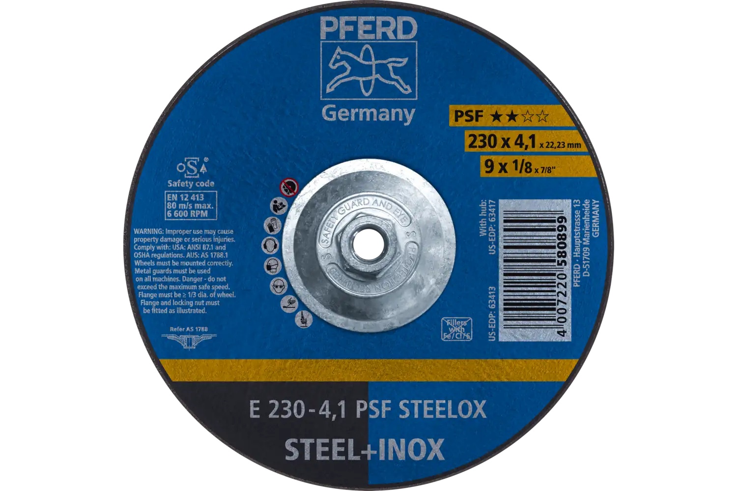 Picture of Pferd Grinding Wheel, 9" X 1/8 X 5/8-11, Psf Steelox, T27, Aluminum Oxide